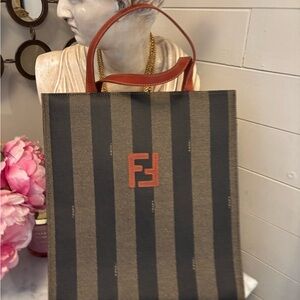 EUC COA FENDI Black  Brown Striped convertible backpack Tote Leather Top Handle